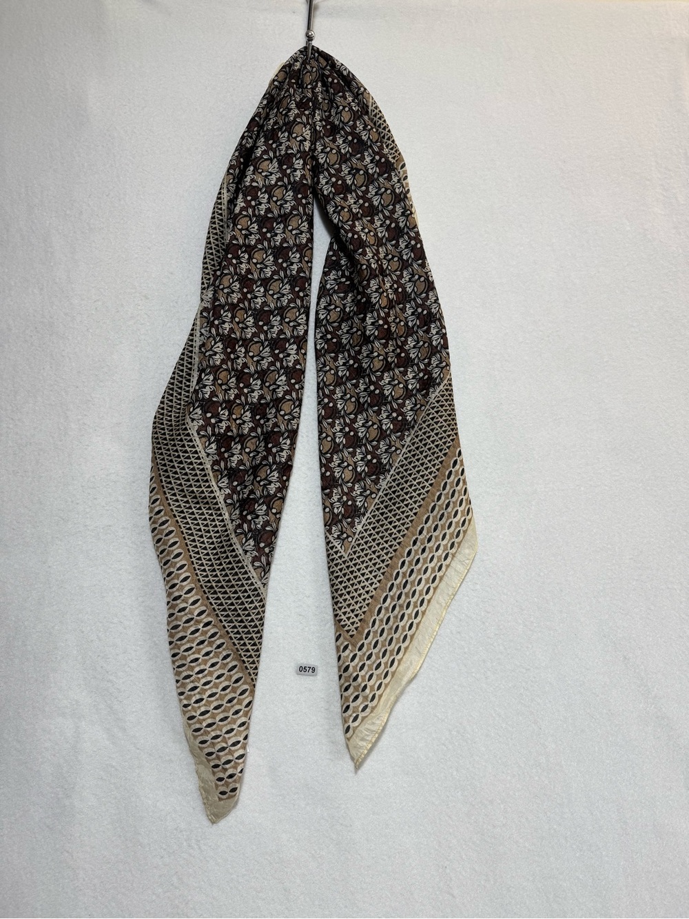 LOFT Ann Taylor 100% Silk Square Scarf Geometric Border Brown Cream 45"x45" - Picture 10 of 10